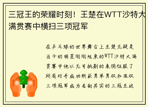 三冠王的荣耀时刻！王楚在WTT沙特大满贯赛中横扫三项冠军